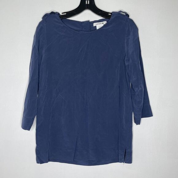 Lacoste Top Silk Blouse 34 Navy Blue Shift 3/4 Sleeve Minimalist Modern Classic - Picture 1 of 7